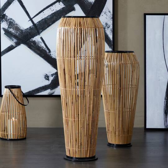 Brown Wicker Handmade Slatted Frame Vase with Black Metal Accents